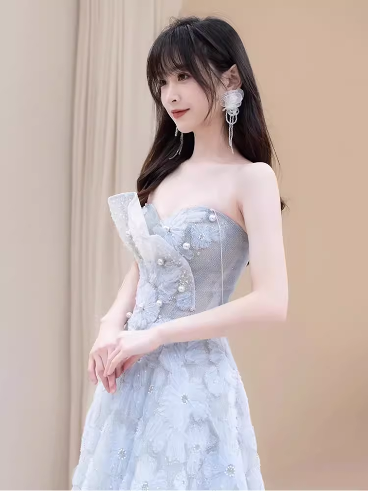 Sexy A line Strapless Blue Lace Long Prom Dress