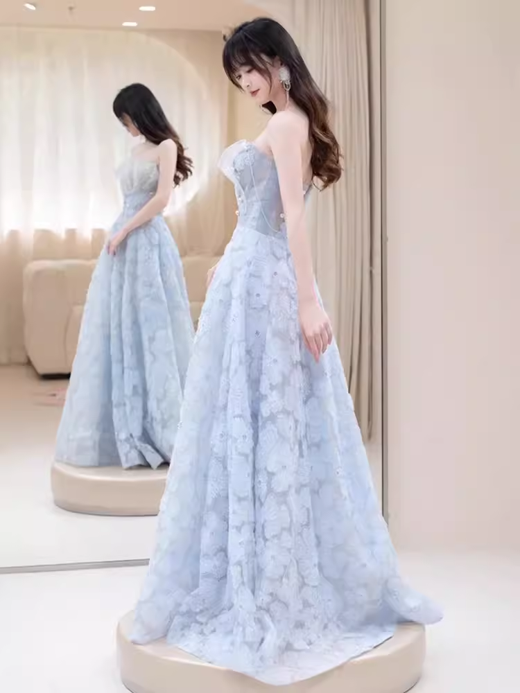 Sexy A line Strapless Blue Lace Long Prom Dress