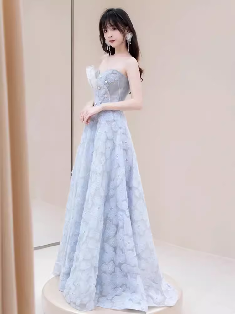 Sexy A line Strapless Blue Lace Long Prom Dress