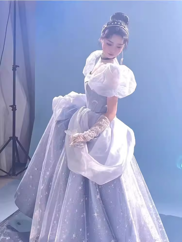 Ball Gown Strapless Blue Lace Long Prom Dress