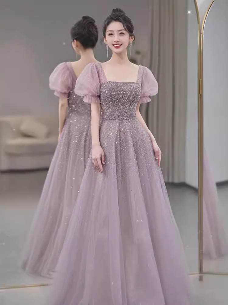A line Square Neckline Puffy Sleeves Tulle Long Prom Dress