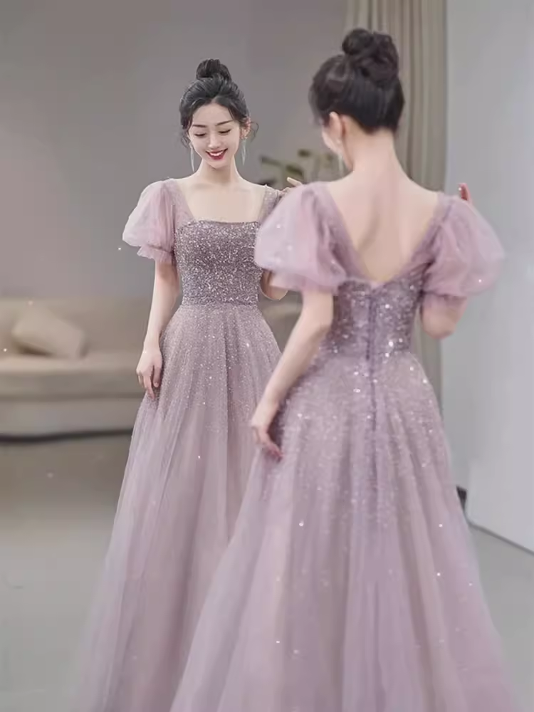 A line Square Neckline Puffy Sleeves Tulle Long Prom Dress