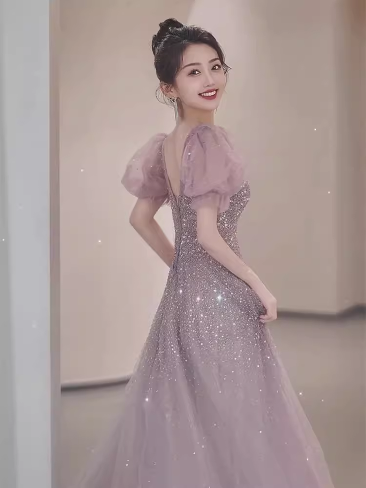 A line Square Neckline Puffy Sleeves Tulle Long Prom Dress