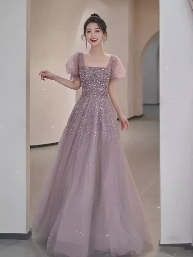 A line Square Neckline Puffy Sleeves Tulle Long Prom Dress