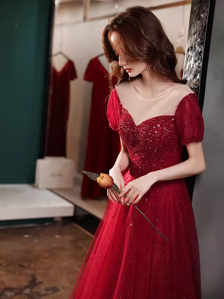 Simple A line Burgundy Sequin Long Prom Dress