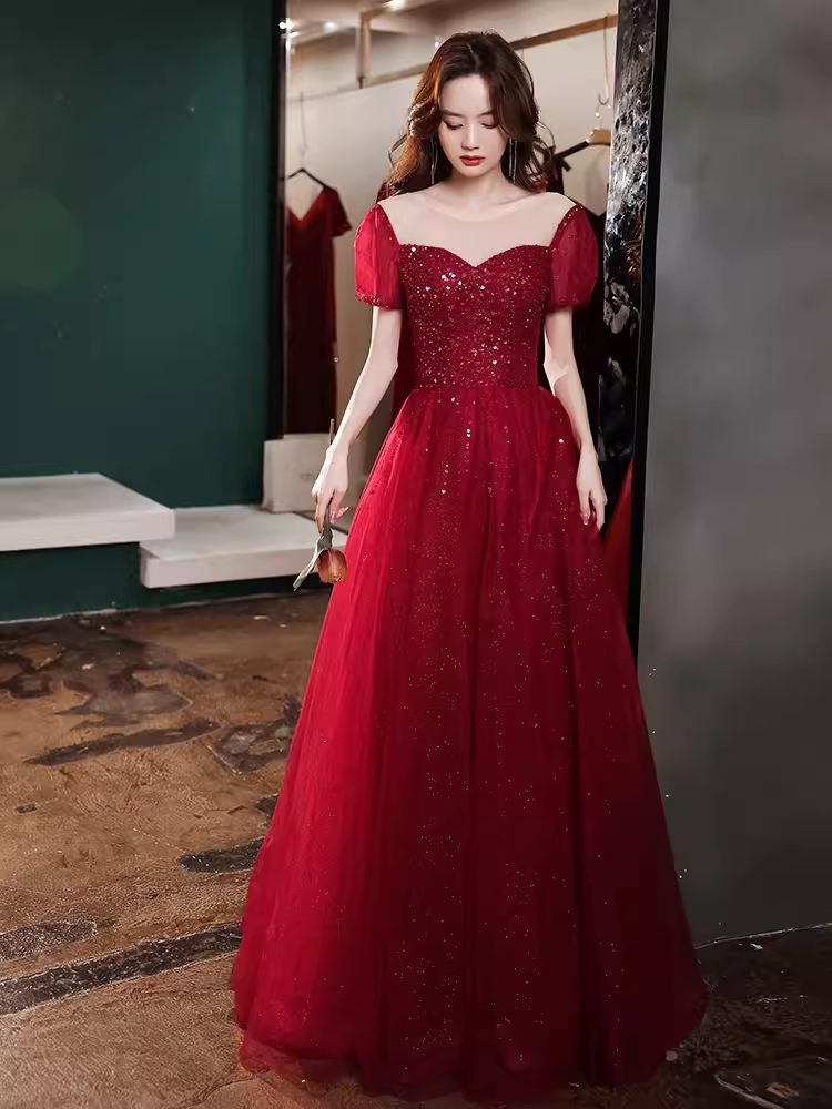 Simple A line Burgundy Sequin Long Prom Dress