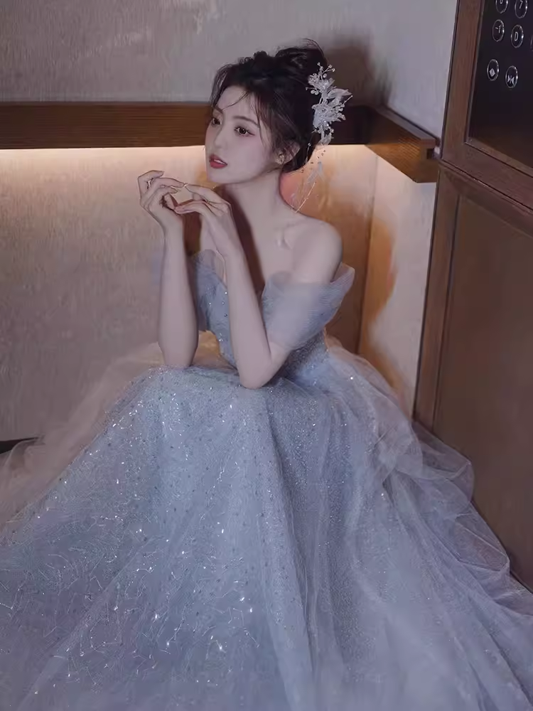 Simple A line Off The Shoulder Tulle Long Prom Dress