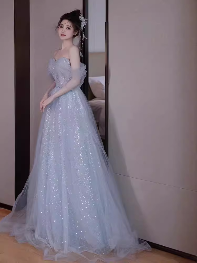 Simple A line Off The Shoulder Tulle Long Prom Dress