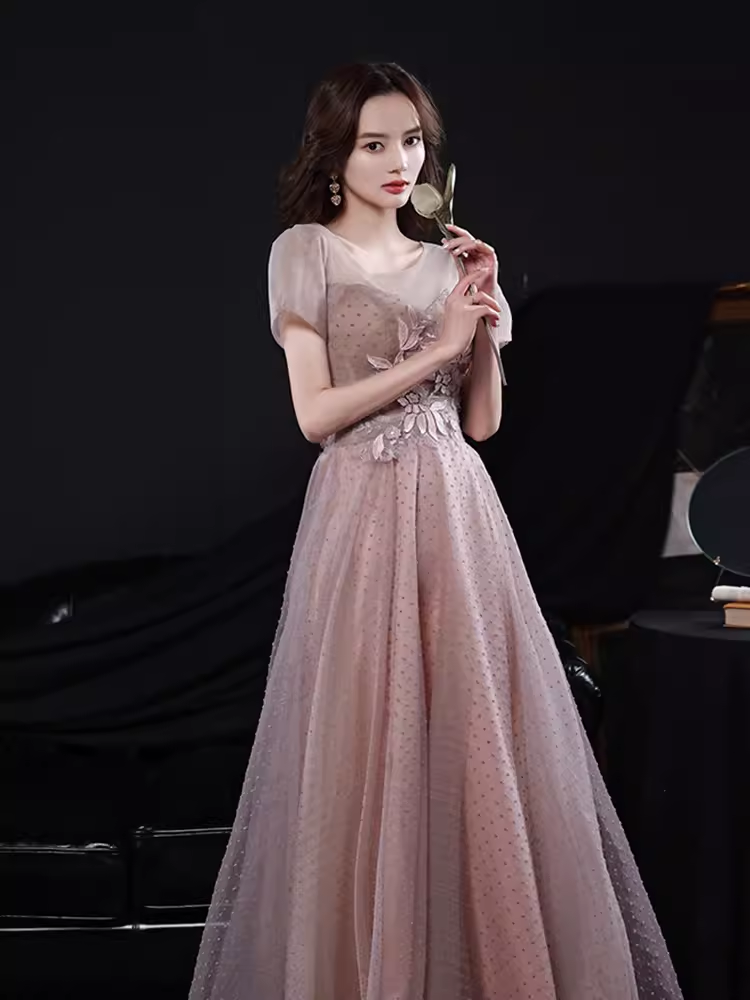 Simple A line Short Sleeves Pink Long Prom Dress