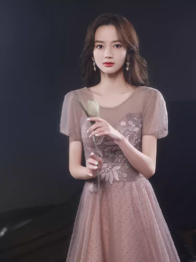 Simple A line Short Sleeves Pink Long Prom Dress