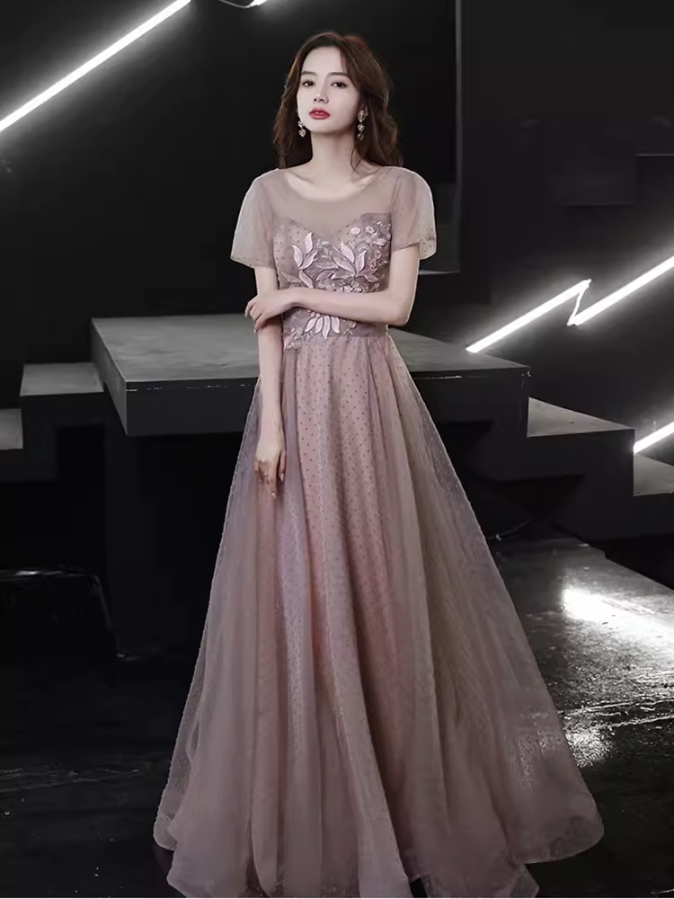 Simple A line Short Sleeves Pink Long Prom Dress