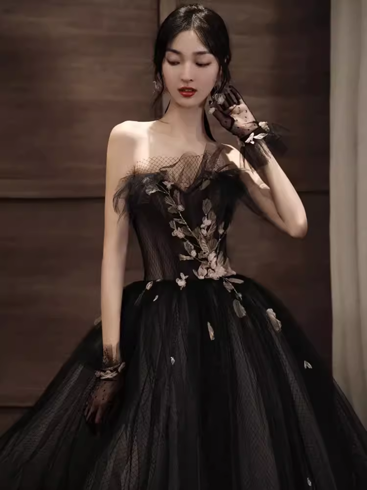Simple A line Strapless Black Tulle Lace Long Prom Dress