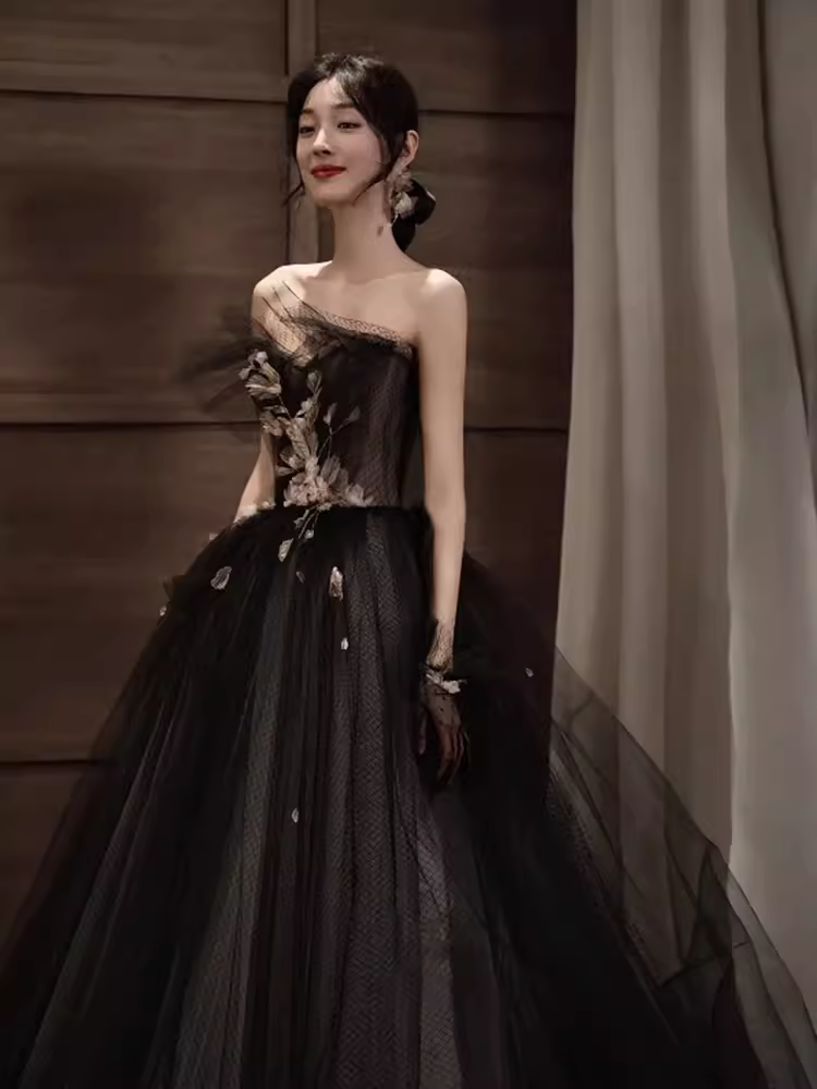 Simple A line Strapless Black Tulle Lace Long Prom Dress