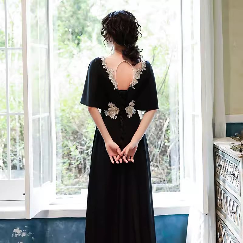 Vintage A line V Neckline Black Long Prom Dress