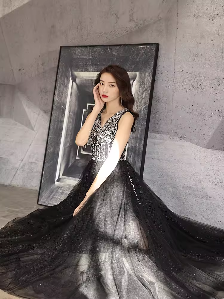 Simple A line V Neckline Black Beads Long Prom Dress
