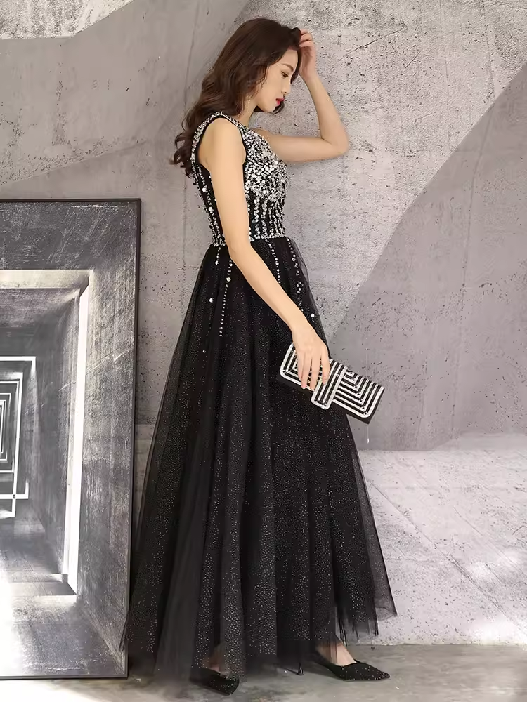 Simple A line V Neckline Black Beads Long Prom Dress