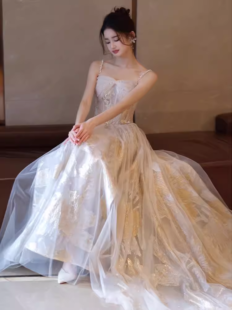 Simple A line Straps Sequin Long Prom Dress