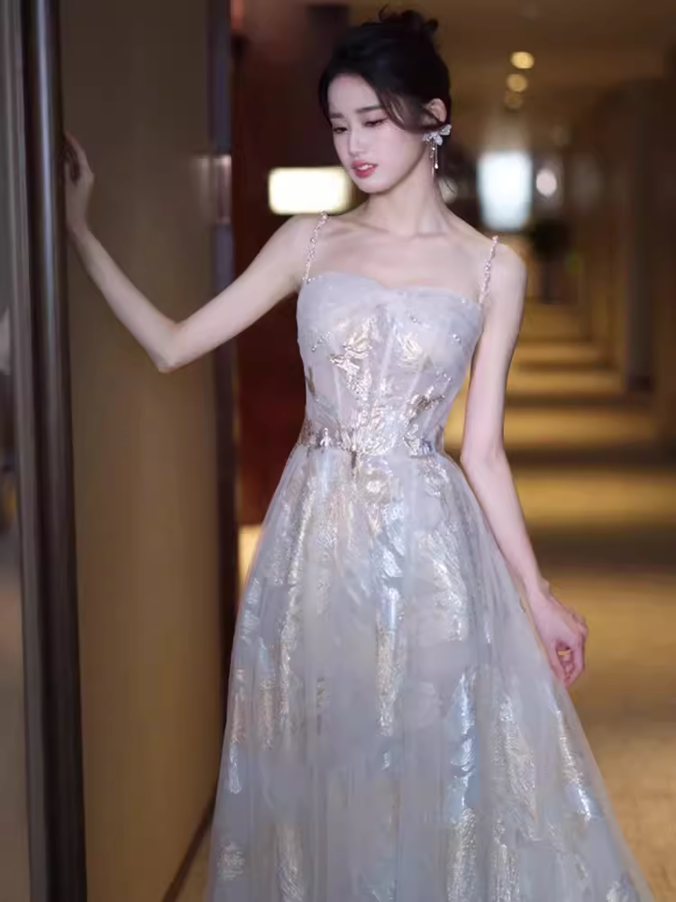 Simple A line Straps Sequin Long Prom Dress