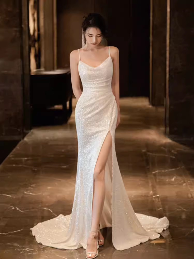 Sexy Mermaid Straps Sequin White Long Prom Dress