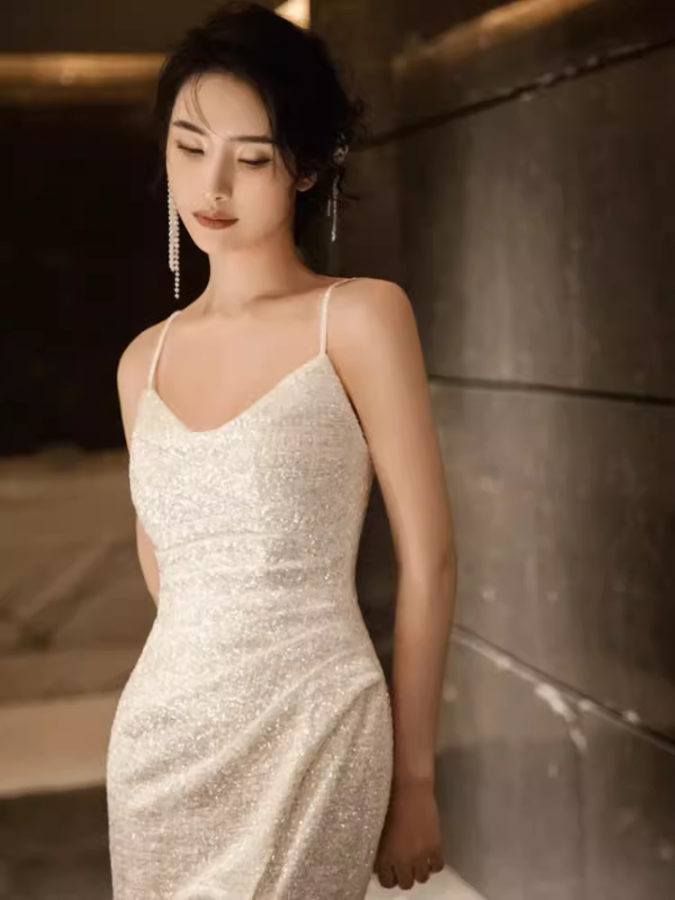 Sexy Mermaid Straps Sequin White Long Prom Dress