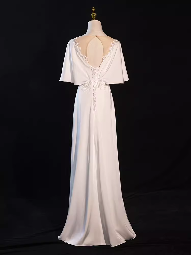 Sexy A line Short Sleeves Lace White Long Prom Dress