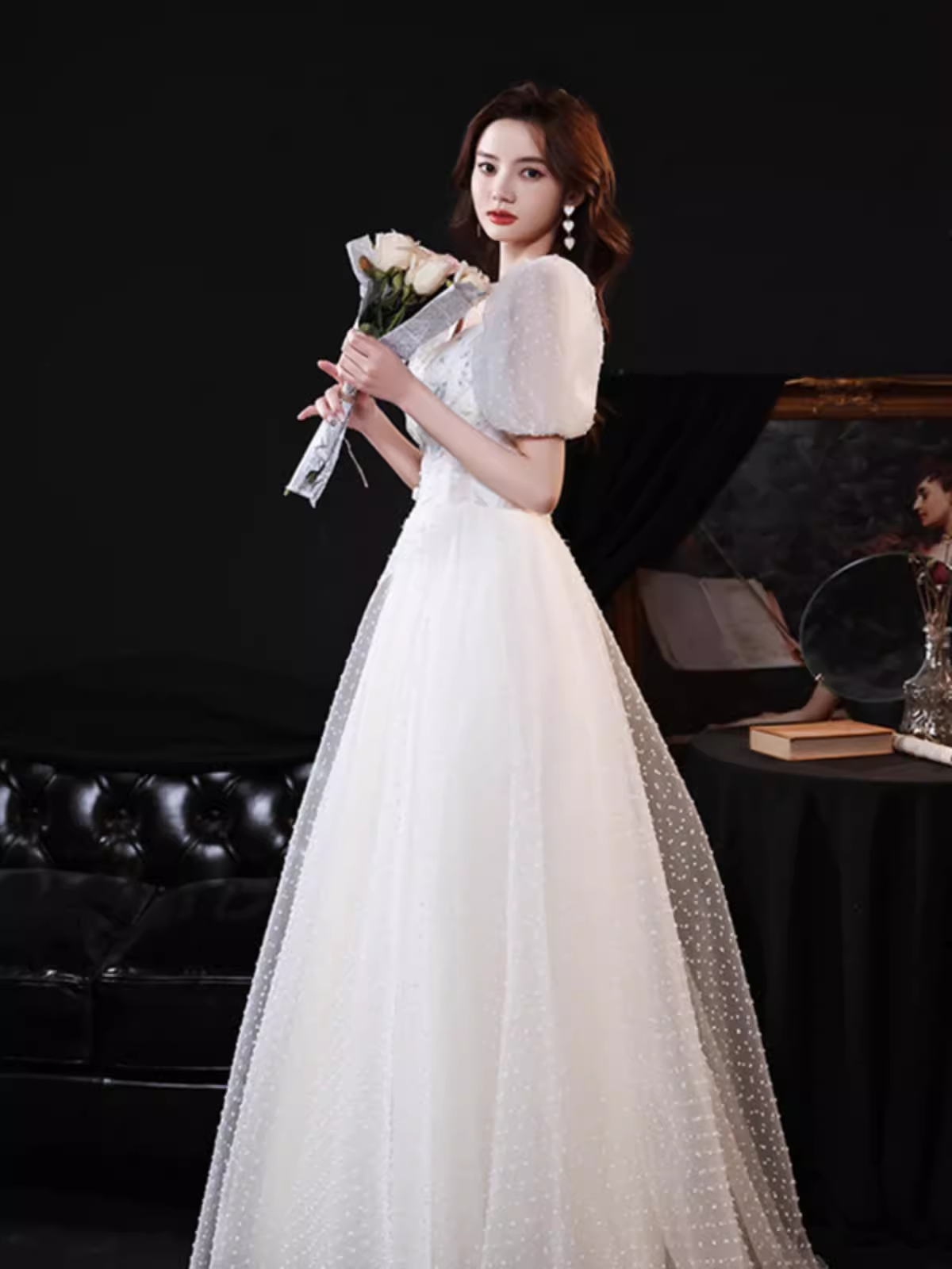 Cute A line Short Sleeves White Long Prom Dress