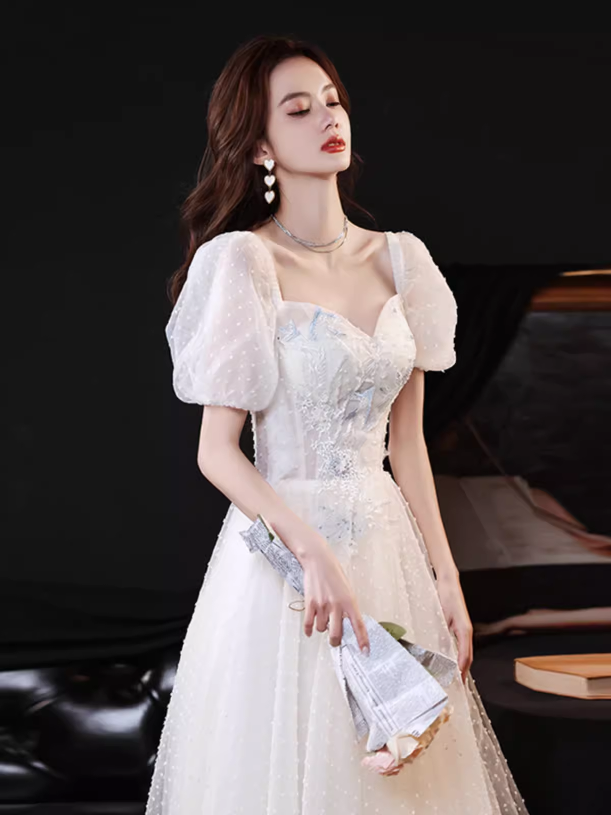 Cute A line Short Sleeves White Long Prom Dress