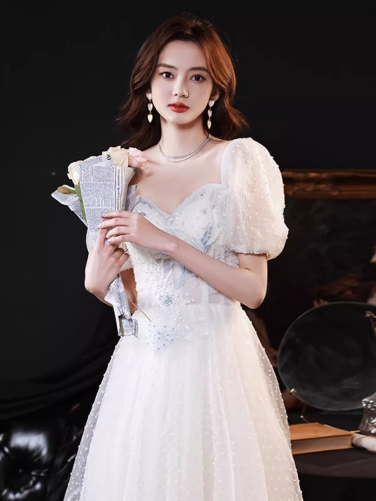 Cute A line Short Sleeves White Long Prom Dress