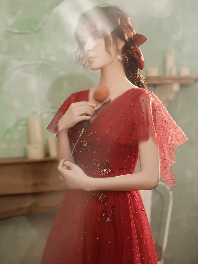 Vintage A line Short Sleeves Tulle Red Prom Dress