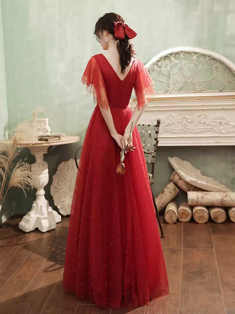 Vintage A line Short Sleeves Tulle Red Prom Dress