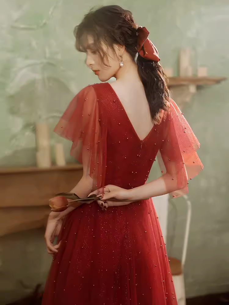 Vintage A line Short Sleeves Tulle Red Prom Dress