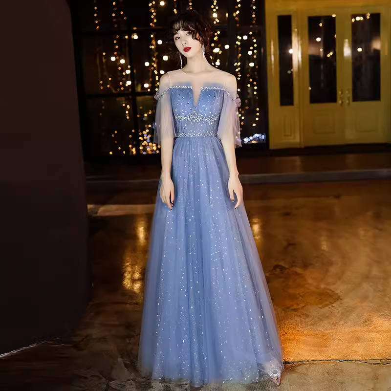 Vintage A line Short Sleeves Tulle Blue Prom Dress