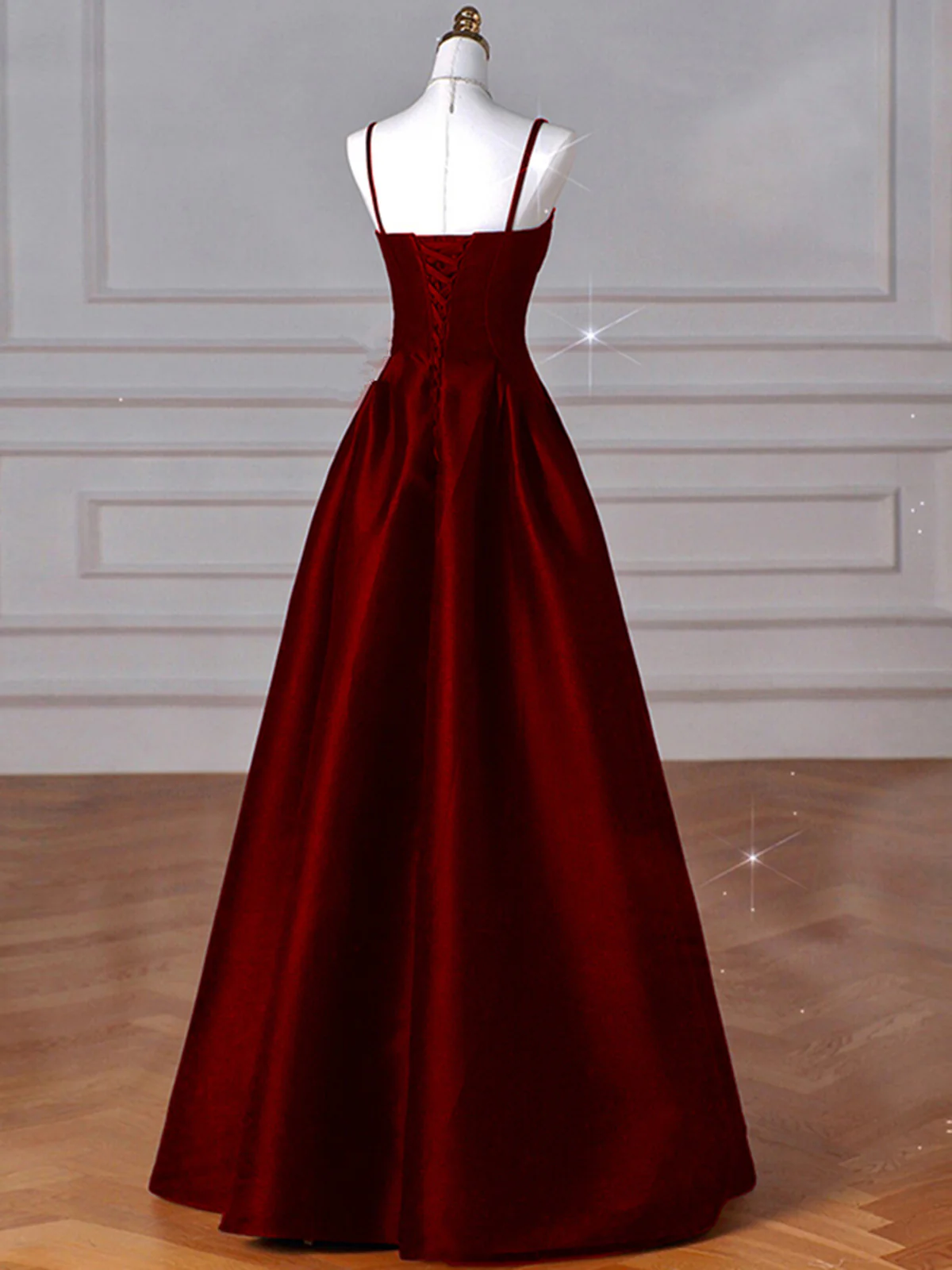 Sexy Wine Red A-Line Straps Satin Long Burgundy Prom Dresses
