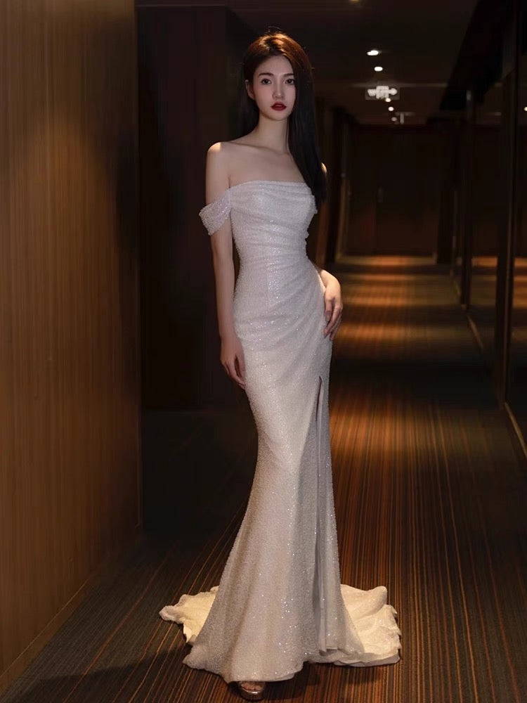 Sexy Mermaid Off The Shoulder Slit Sequin Long Prom Dresses