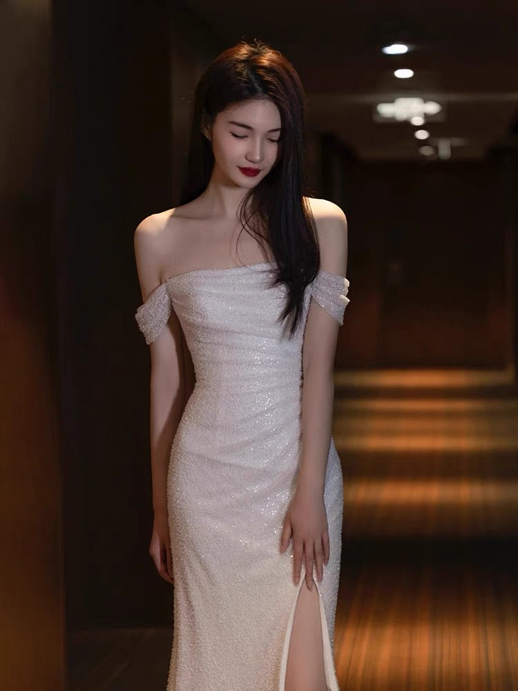 Sexy Mermaid Off The Shoulder Slit Sequin Long Prom Dresses