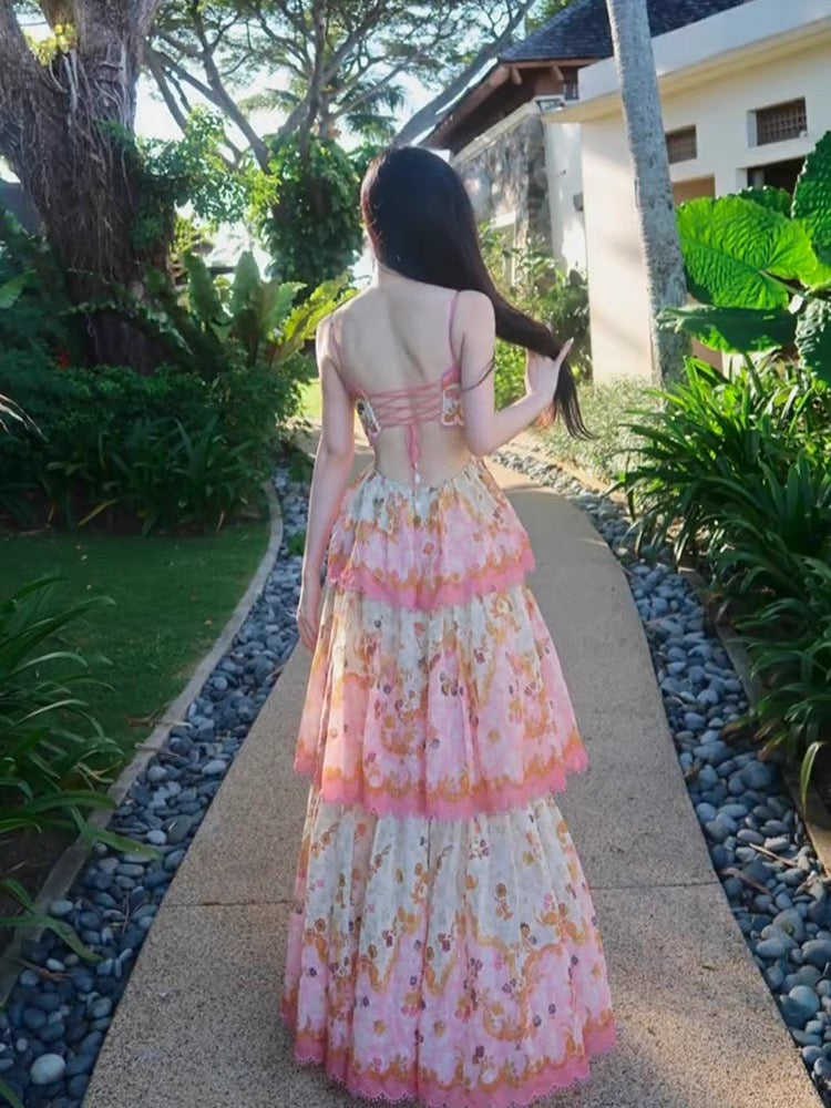 Modest Ball Gown Spaghetti Straps Pink Flowers Long Prom Dress