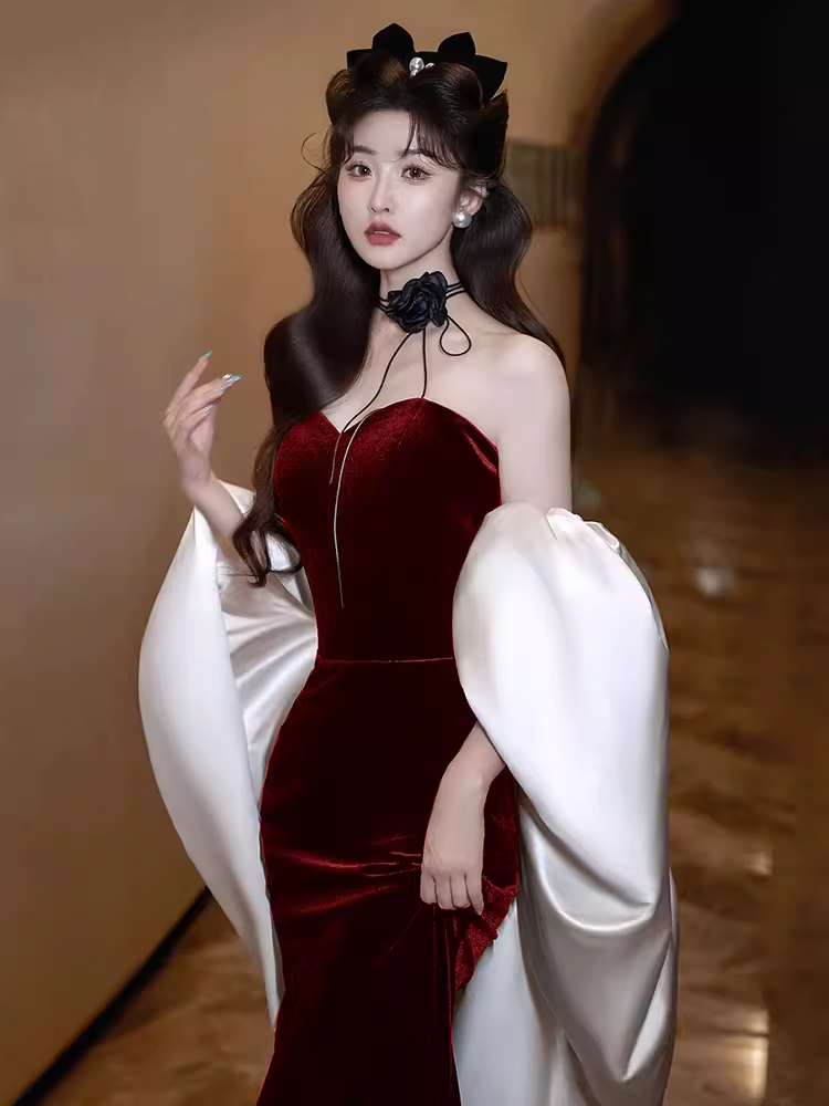 Modest Mermaid Strapless Burgundy Long Prom Dresses