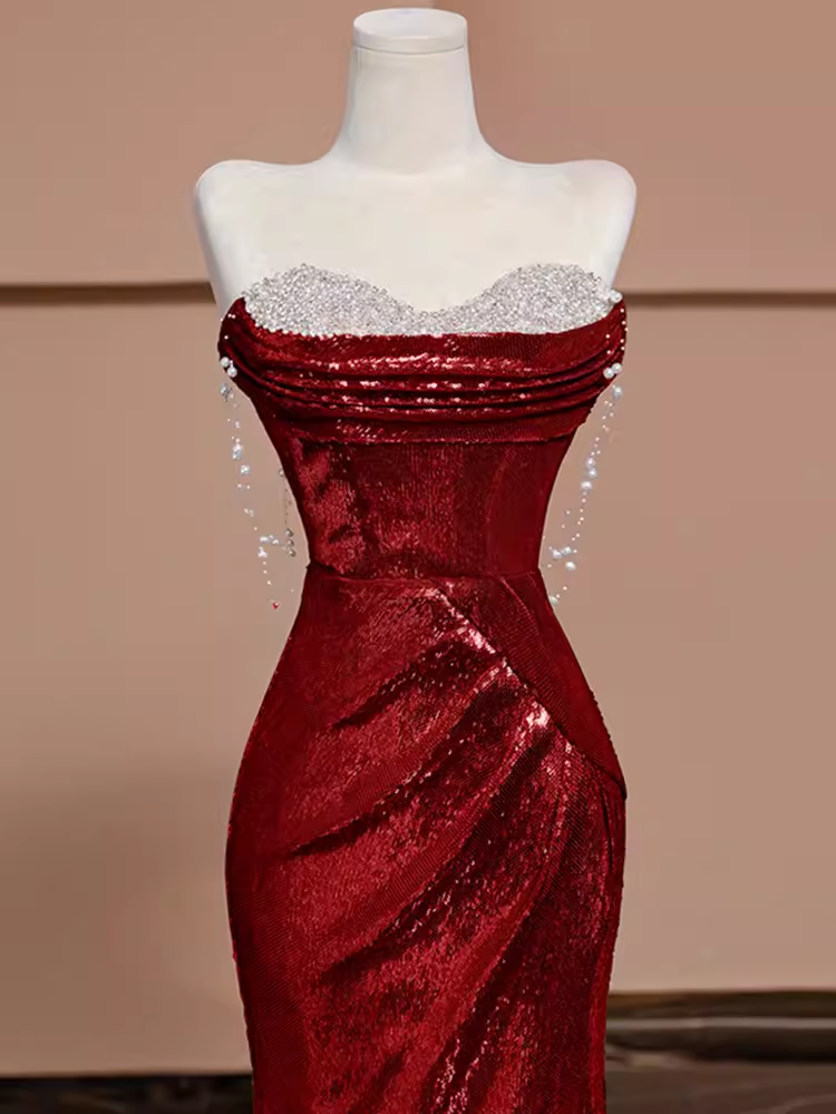 Sexy Mermaid Burgundy Sequin Long Prom Dress