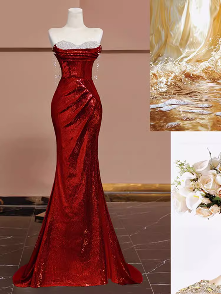 Sexy Mermaid Burgundy Sequin Long Prom Dress