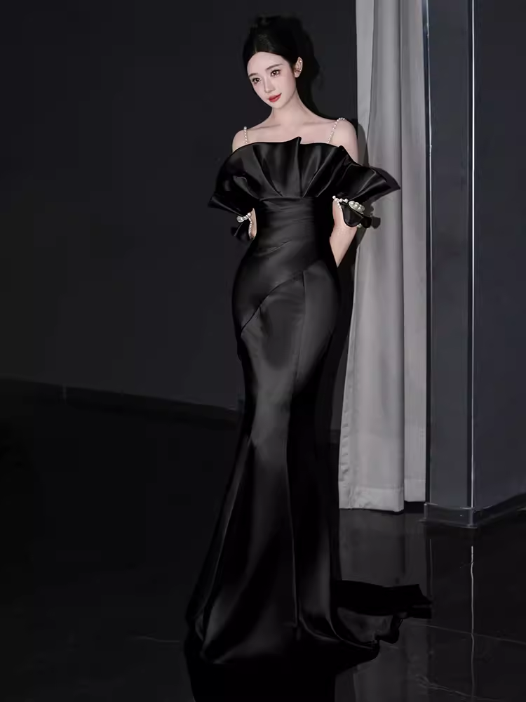 Simple Satin Long Mermaid Prom Dress Spaghetti Straps Party Dress