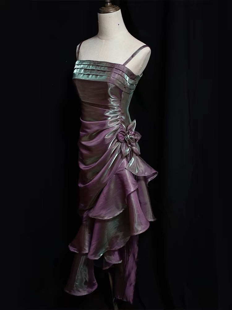 Vintage High Low Straps Grape Ruffles Prom Dresses