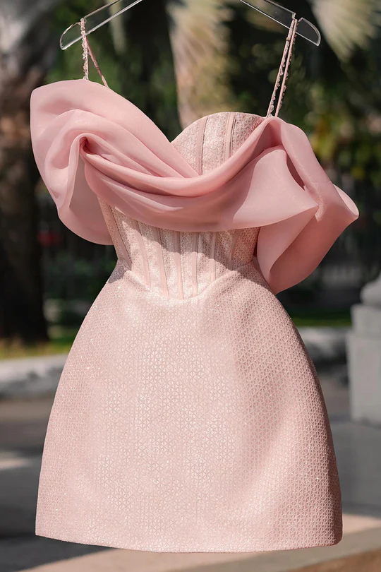 Off-Shoulder Beaded Ruched Satin A-Line Mini Homecoming Dress