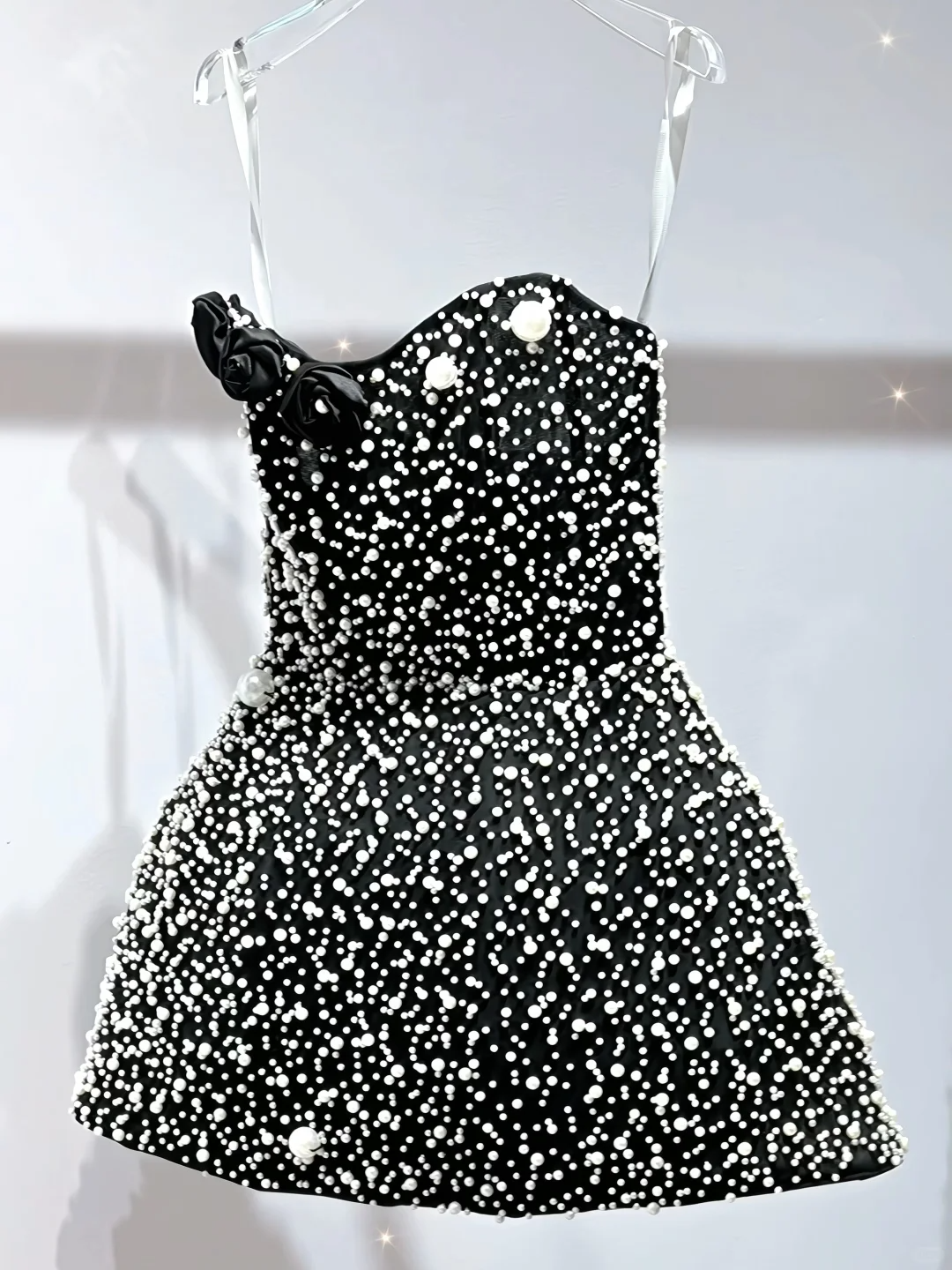 Gorgeous Strapless Black Satin Pearls Mini Birthday Outfits A Line Homecoming Dress