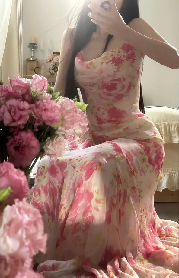 Fairy Spaghetti Straps Pink Chiffon Rose Floral Mermaid Long Party Dress 18th Birthday Outfits