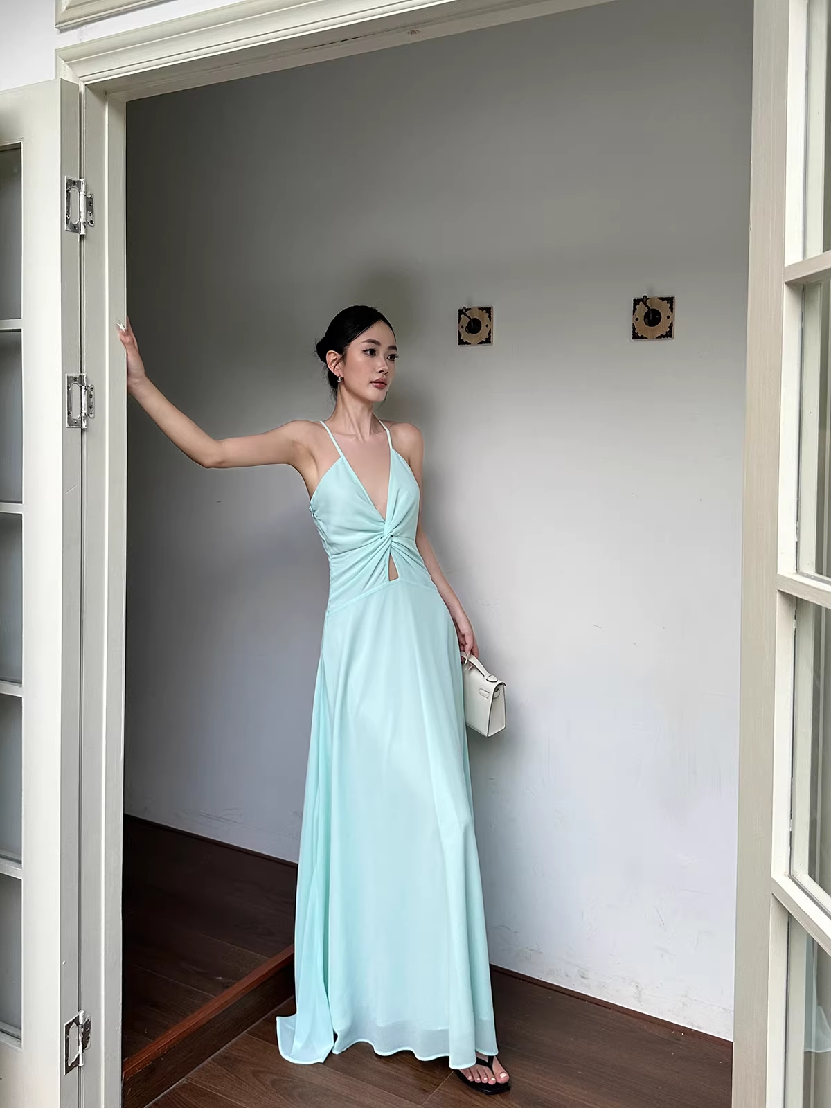 Simple Spaghetti Straps V Neck Green Chiffon A Line Long Party Dress Evening Dress