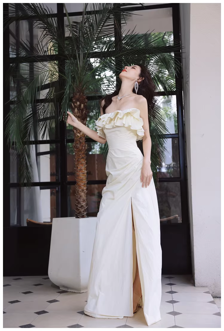 Elegant Beige Strapless Satin Pleated Mermaid Slit Long Evening Dress Birthday Party Dress With Bow