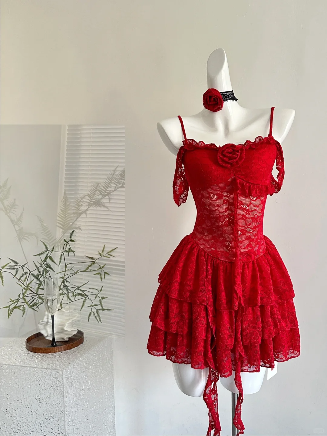 Stylish Red Lace Layered Homecoming Dress Spaghetti Strap Cocktail Dress Party Dress