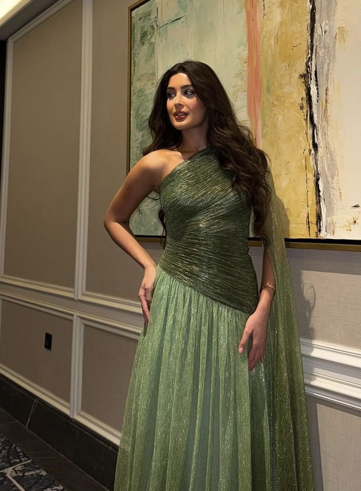 Shiny Green One Shoulder Tulle Pleated Long Wedding Guest Dress Formal Evening Dress