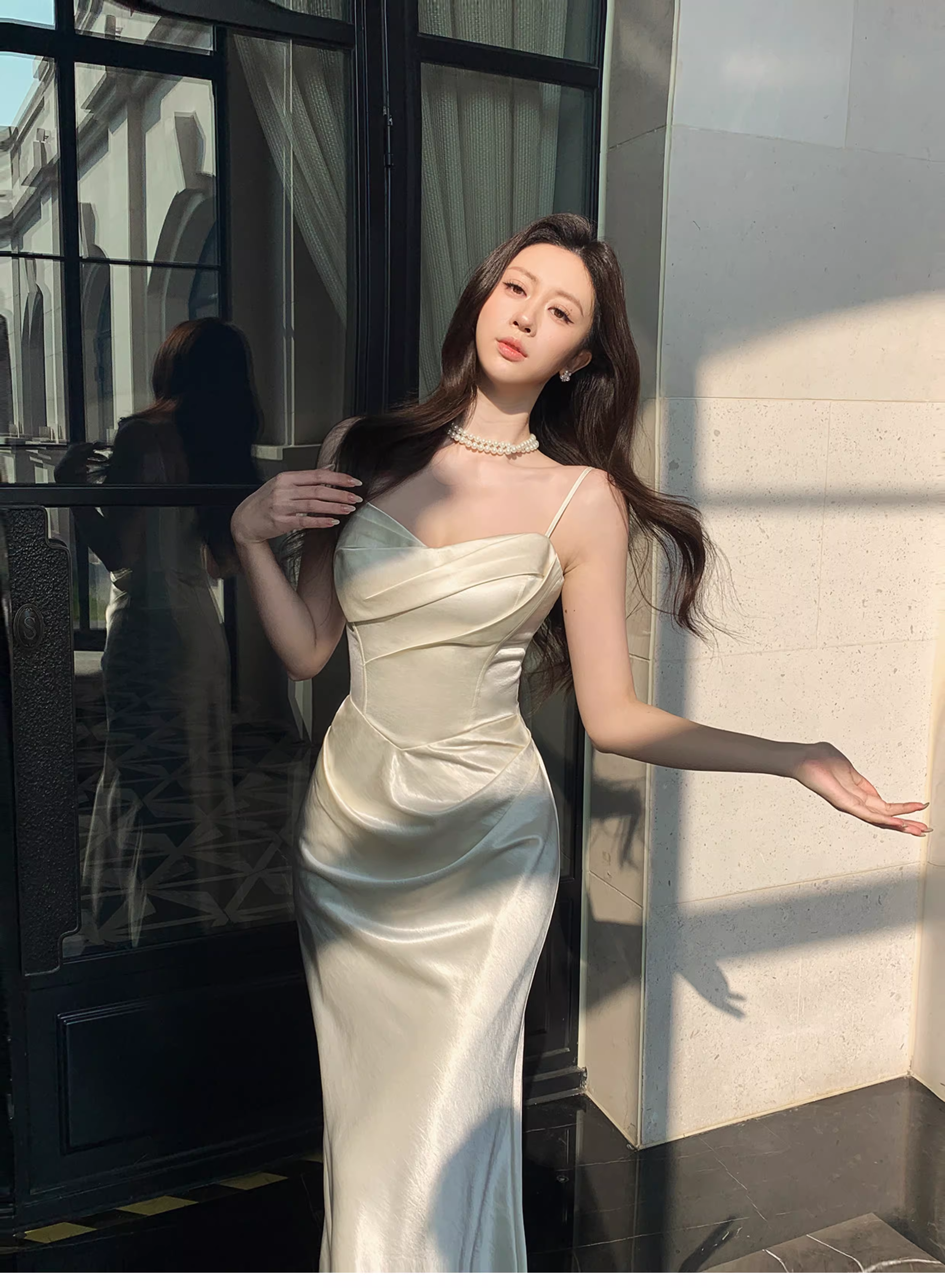 Classy Spaghetti Straps White Satin Pleated Mermaid Long Evening Dress Formal Wedding Guest Dress