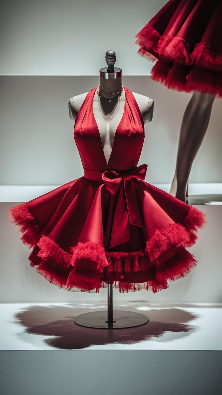 Elegant Red Halter Satin Tulle A Line Short Homecoming Dress Formal 19th Birthday Dress